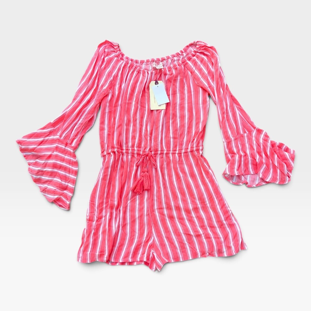 Zoe & Rose Band of Gypsies Coral White Striped Off Shoulder Ruffle Romper XL NEW